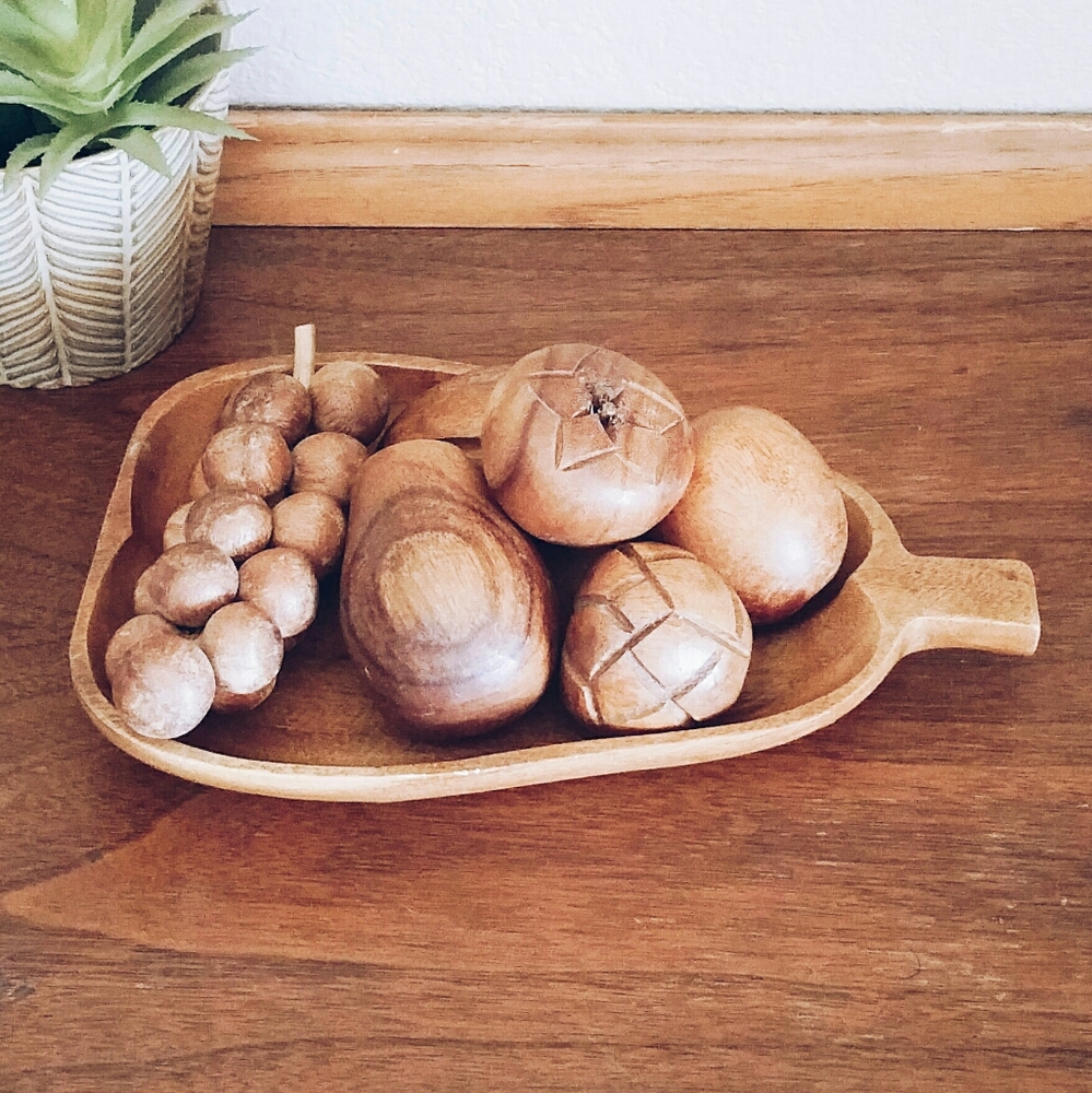 Vintage Monkey Pod Wood Bowl with Wooden Fruit